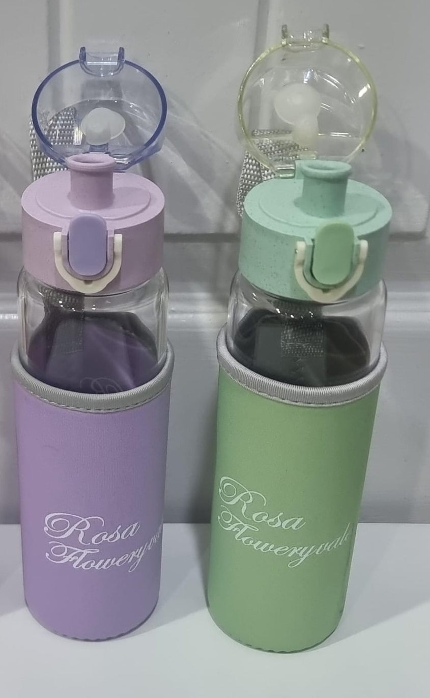 Rosa Flowery Glass Water Bottle with Protective Sleeve & Flip-Top Cap (300ml) | Water Bottle | Glass Water Bottle