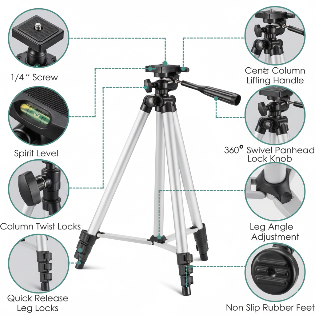 Tripod 3110 Portable Adjustable Aluminium Lightweight Camera Stand Tripod, with 3-Dimensional Head and Quick Release Plate for Video Cameras and Mobile, Black, Silver | 3110