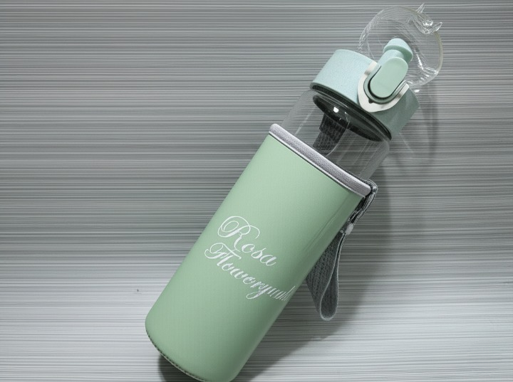 Rosa Flowery Glass Water Bottle with Protective Sleeve & Flip-Top Cap (300ml) | Water Bottle | Glass Water Bottle