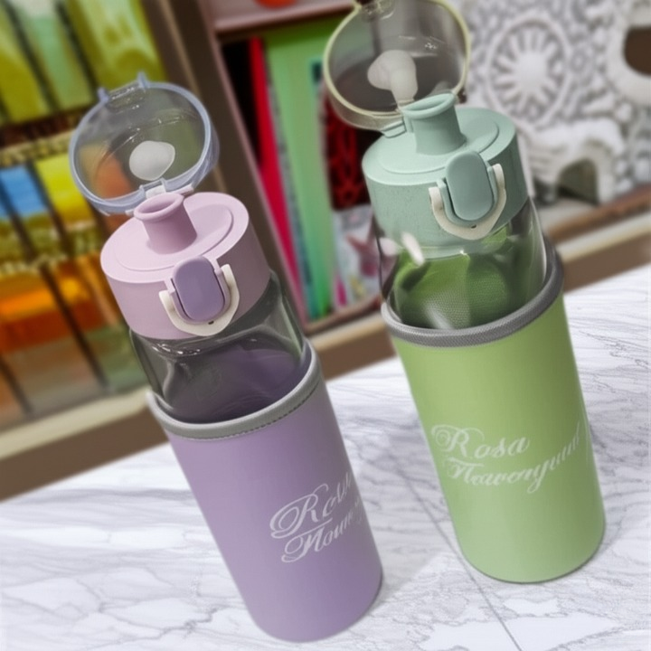 Rosa Flowery Glass Water Bottle with Protective Sleeve & Flip-Top Cap (300ml) | Water Bottle | Glass Water Bottle