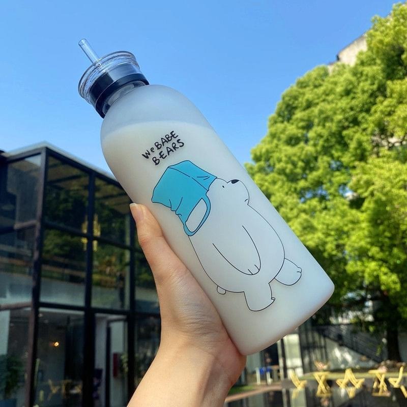 We Bare Bears Panda Water Bottle 1000ml – Cute Cartoon Design with Straw & Two Caps | Durable Reusable Bottle for Daily Hydration - Plastic (Random Design)