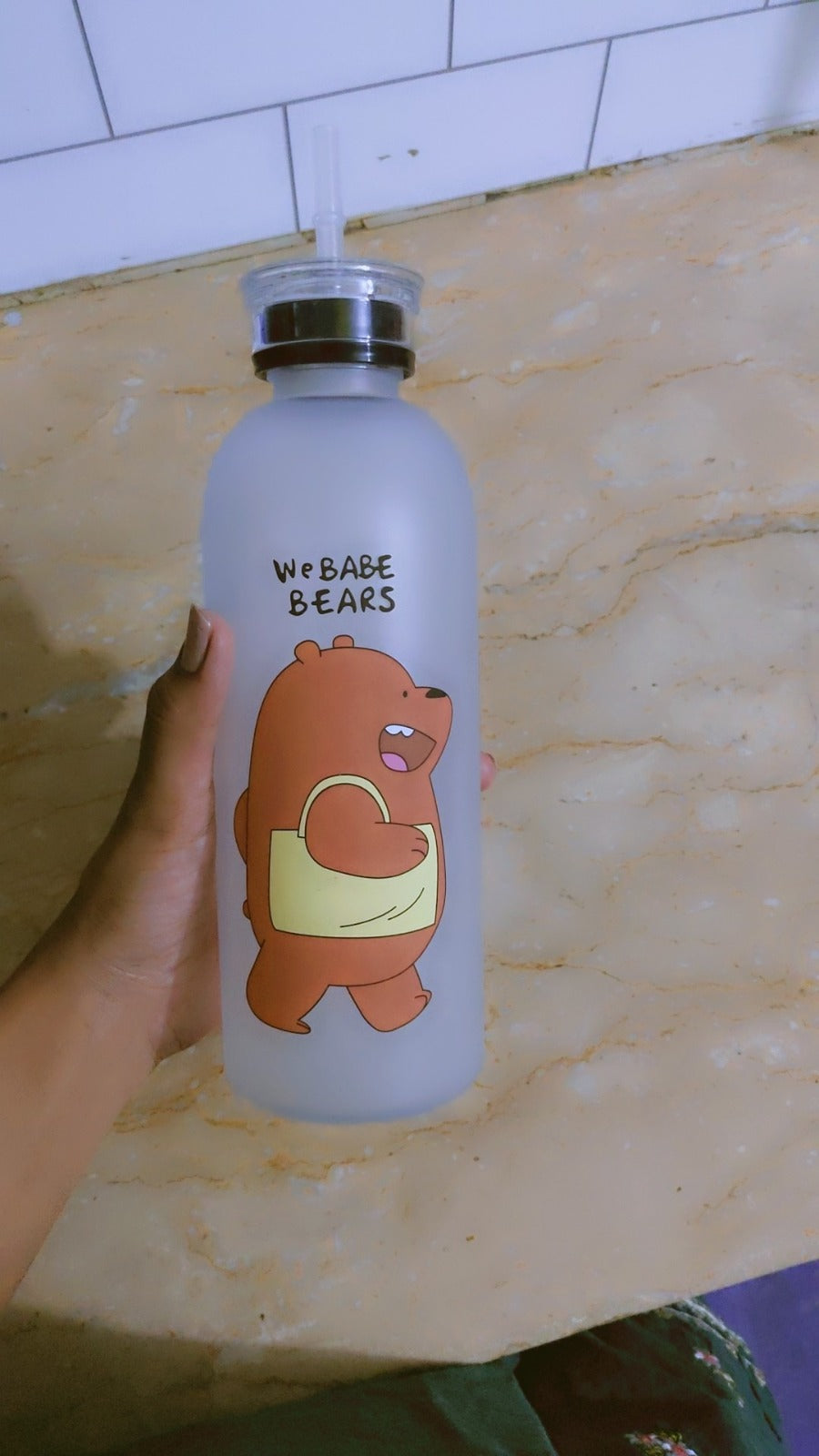 We Bare Bears Panda Water Bottle 1000ml – Cute Cartoon Design with Straw & Two Caps | Durable Reusable Bottle for Daily Hydration - Plastic (Random Design)