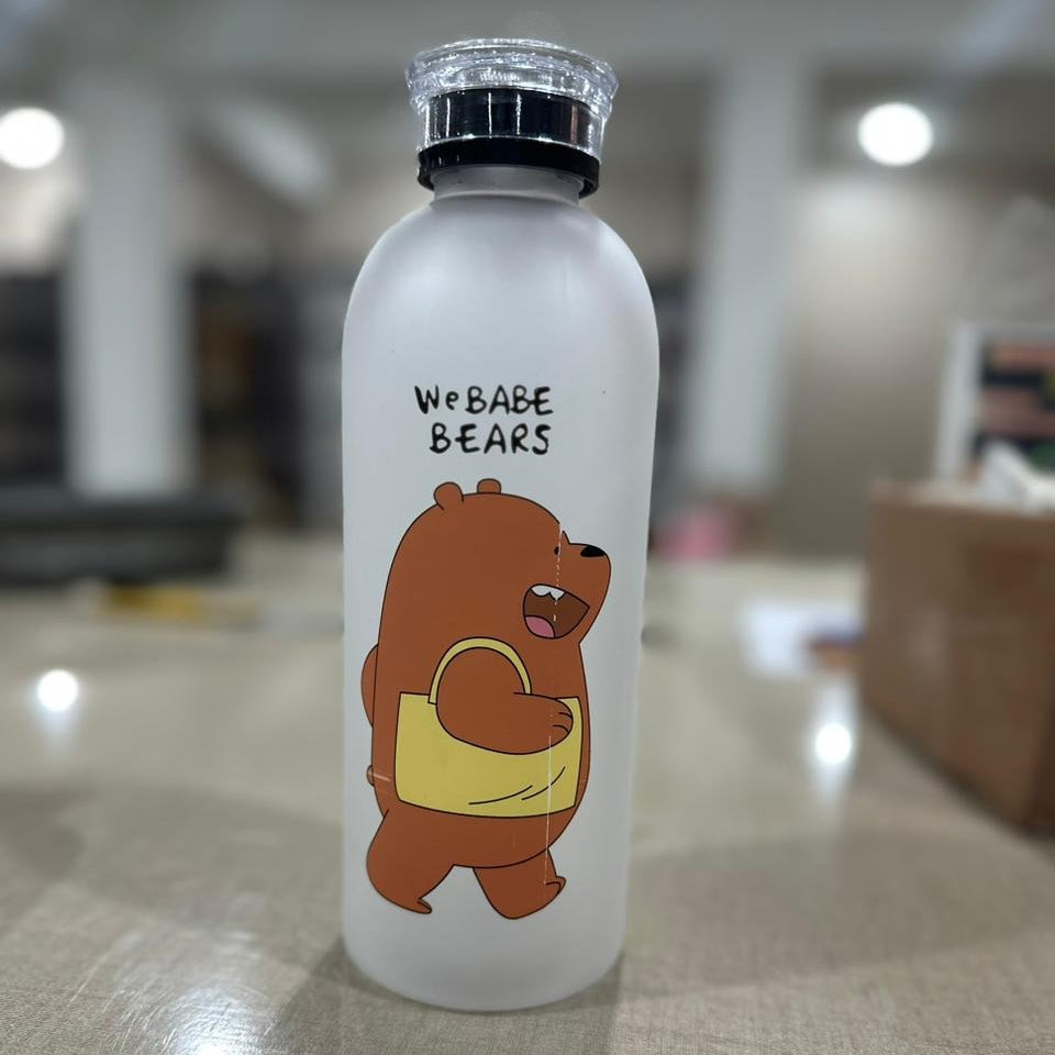 We Bare Bears Panda Water Bottle 1000ml – Cute Cartoon Design with Straw & Two Caps | Durable Reusable Bottle for Daily Hydration - Plastic (Random Design)