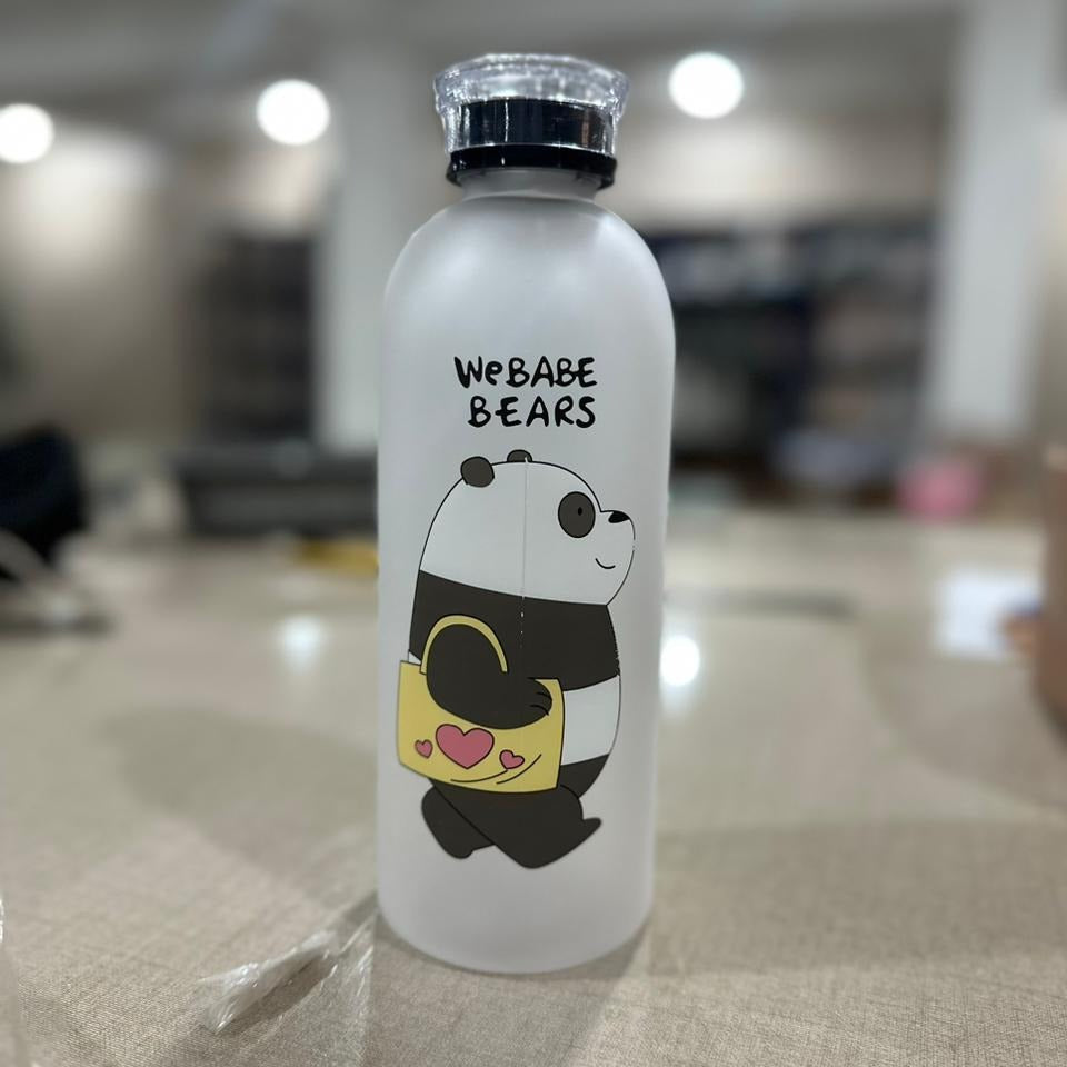 We Bare Bears Panda Water Bottle 1000ml – Cute Cartoon Design with Straw & Two Caps | Durable Reusable Bottle for Daily Hydration - Plastic (Random Design)