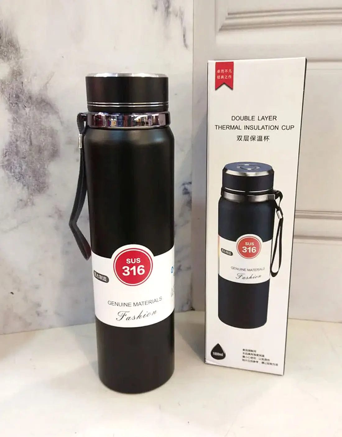 Premium Matte Stainless Steel Water Bottle 1000ml Leak Proof Double Wall Insulated Hot Cold Flask | 1000 ml / Black